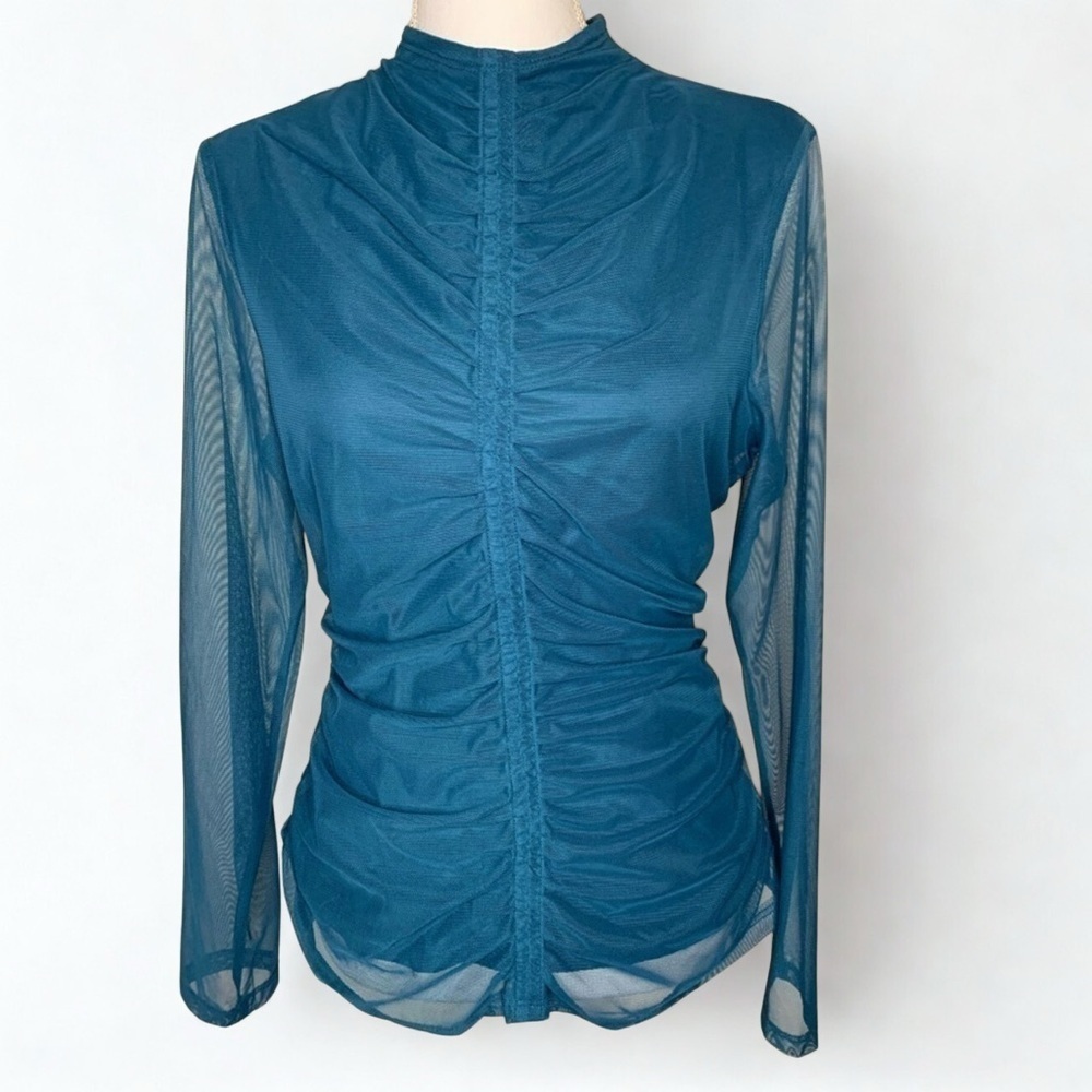 DKNY Women Long Sleeve Ruched Top Blouse Aqua blue green Medium